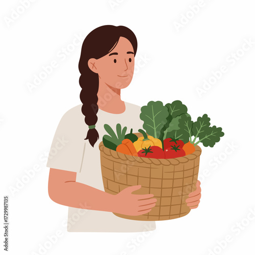 Flat Illustration Woman Holding Wicker Basket Full of Fresh Produce