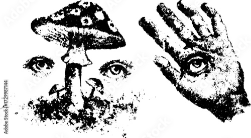 Mushroom and eye illustration with a hand. Detailed black and white vector set exploring unique and surreal visuals.