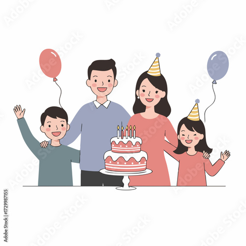 Flat Style Happy Family Celebrating Birthday Party Event Illustration