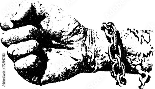 Fist symbolizing resistance and freedom, depicted alongside a chain. Vector illustration expressing strength and political activism.