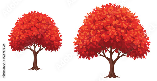 Autumn trees with red and orange leaves, seasonal foliage illustration, fall nature concept, vibrant deciduous forest, colorful landscape, digital art design