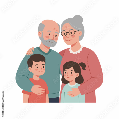 Flat Style Grandparents with Grandchildren Happy Family Portrait Illustration