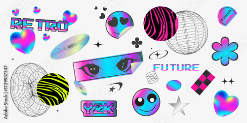 Description: Bright Y2K retro sticker set with glitch and neon elements. Perfect for decorating gadgets, clothing, and creative projects, capturing the vibrant vibe of the early 2000s culture.