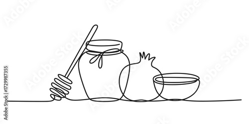 Continuous line drawing vector illustration of honey jar pomegranate and bowl simple line art vector