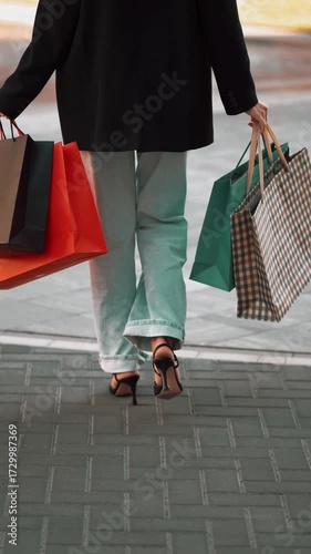 Shopping day with colorful bags in a vibrant urban setting