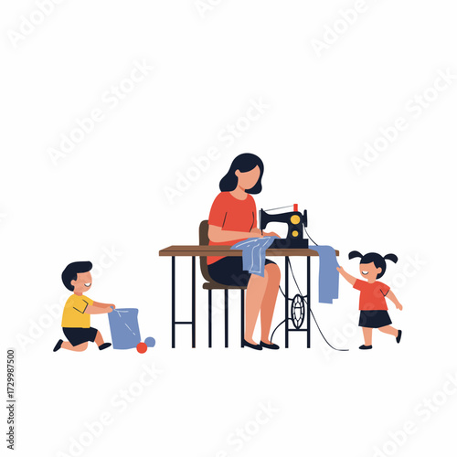 Flat Illustration of a Woman Sewing with Children near Sewing Machine