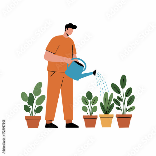 Modern Flat Illustration Man Watering Plant in Flowerpot for Gardening