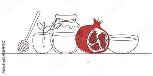Continuous line art vector illustration of pomegranate honey and bowl elements vector