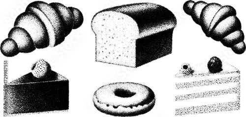 Set of bakery items: croissant, bread, cake, and donut. Black and white vector illustration with bold and textured design.