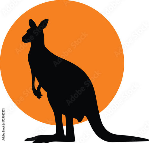 Black kangaroo vector against a large orange circle 