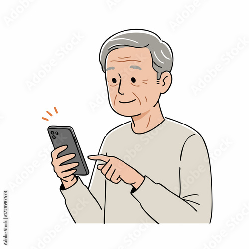 Cartoon Illustration of Senior Man Using Modern Smartphone Device