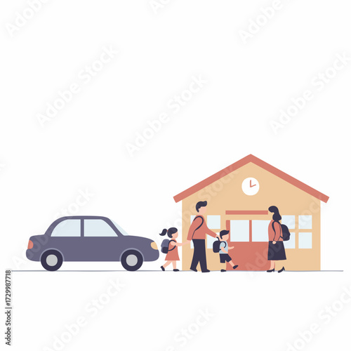 Flat Illustration School Morning Scene with Family Car and Building