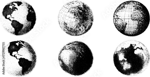 Vector illustration of earth and globe shapes in black and white. The design features dot patterns for a modern aesthetic in this set.