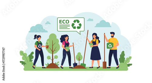 Group of people planting trees, promoting environmental sustainability and recycling efforts.