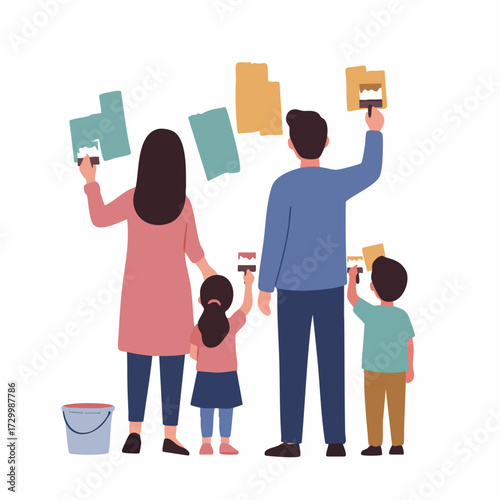 Flat Style Illustration of Happy Family Painting Wall Decoration Together