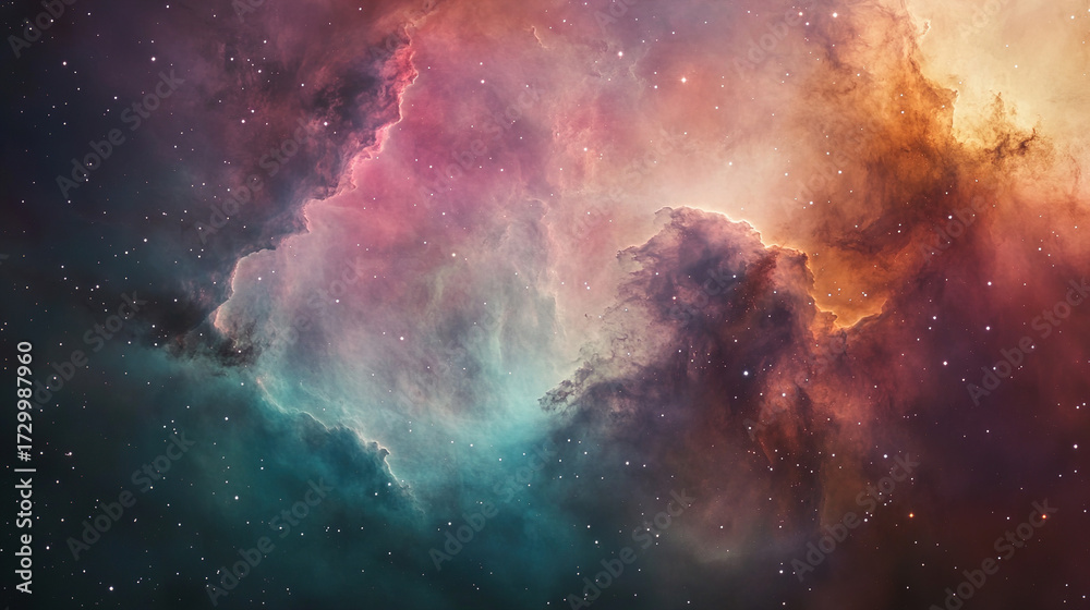 Fototapeta premium Vast clouds of interstellar dust, now illuminated from within by the newborn stars, swirl in a graceful, slow-motion ballet. Colors blend in a watercolor-like haze—magenta, teal, and amber—creating a