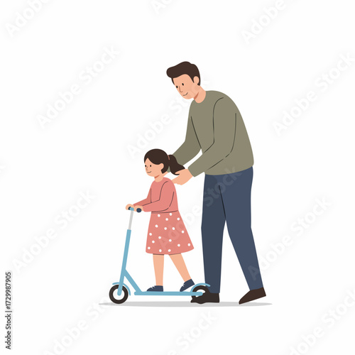 Minimalist Flat Illustration of Father Guiding Daughter on Scooter Activity