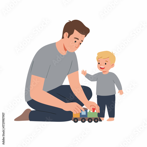 Flat Illustration of Happy Father Playing Train Toy with Son Together
