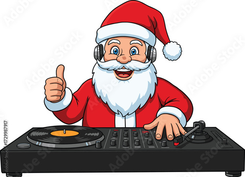 Funny DJ Santa Claus illustration wearing headphones, mixing music on turntable, Christmas party design, festive holiday celebration, cartoon character vector art