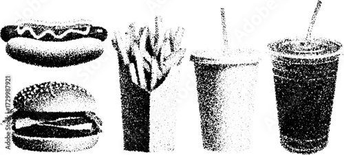 Food set including hamburger, hotdog, fries, and drink. Simple black and white vector illustration perfect for fast food themes.