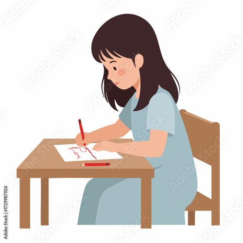 Cute Flat Illustration of Little Girl Drawing on Table Art