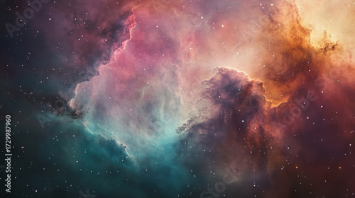  Vast clouds of interstellar dust, now illuminated from within by the newborn stars, swirl in a graceful, slow-motion ballet. Colors blend in a watercolor-like haze—magenta, teal, and amber—creating a