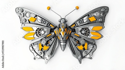 robotic butterfly with a detailed mechanical design, combining silver metal and yellow accents