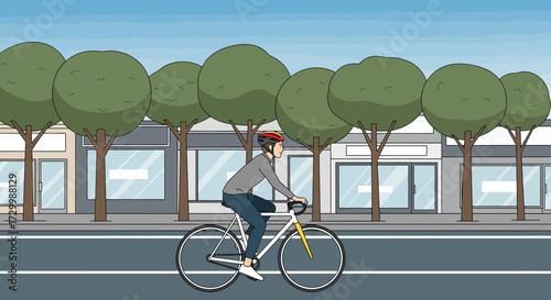 A cyclist rides a bicycle along a city street, passing shops and trees.
