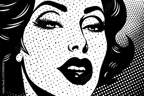 Vintage portrait of a glamorous woman in pop art style. Black and white vector illustration with bold features and chic appeal.