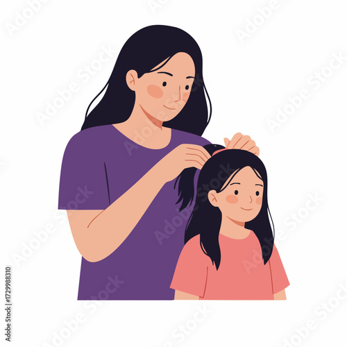 Flat Illustration of Loving Mother Combing Hairstyle for her Daughter