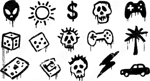 Alien, sun, money, and skull illustrations in a black and white graffiti style. Unique set of vector illustrations with an urban theme.