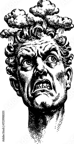 Illustration of a man's head with a dramatic expression. Surreal black and white vector art depicting intricate details and psychological themes.