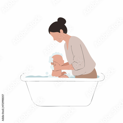 Flat Simple Illustration Mother Bathing Little Baby in Bathtub Moment
