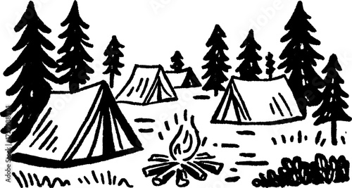 Camping scene with tents in a forest. Black and white vector illustration showcasing a campfire and surrounding nature in a simple drawing style.
