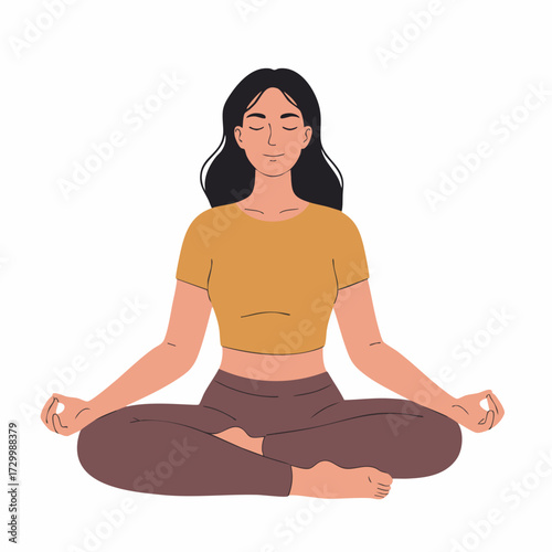 Flat Illustration Meditating Woman in Lotus Position Lifestyle Activity Concept