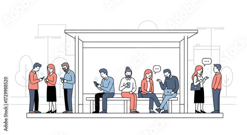 People using smartphones while waiting at a bus stop, interacting and communicating.