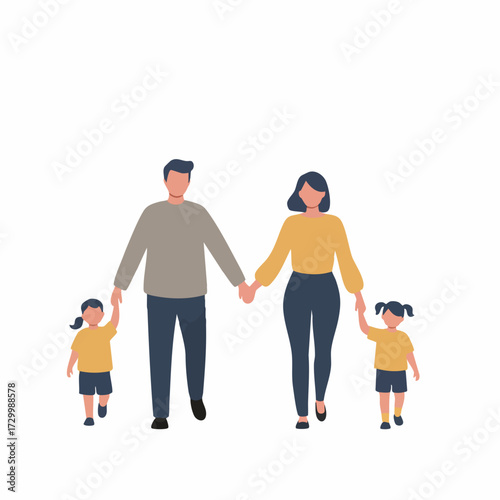 Minimalist Flat Family Illustration with Two Children Holding Hands Together