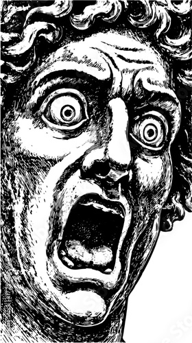 Scream face illustration in black and white. This vintage artwork captures an intense expression in a dramatic vector style.