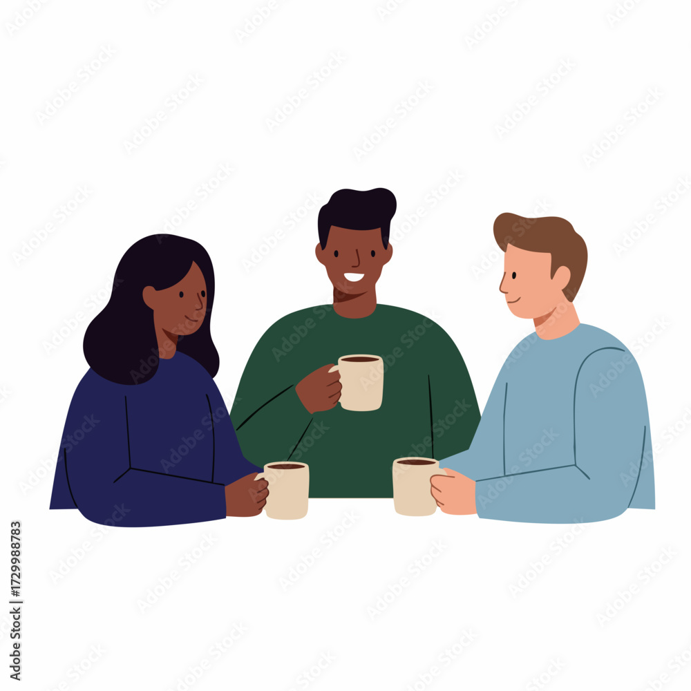 Obraz premium Flat Illustration Group of People Having Conversation with Coffee Break