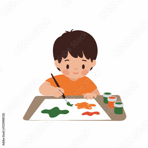 Flat Cute Young Boy Painting Picture with Brush Illustration