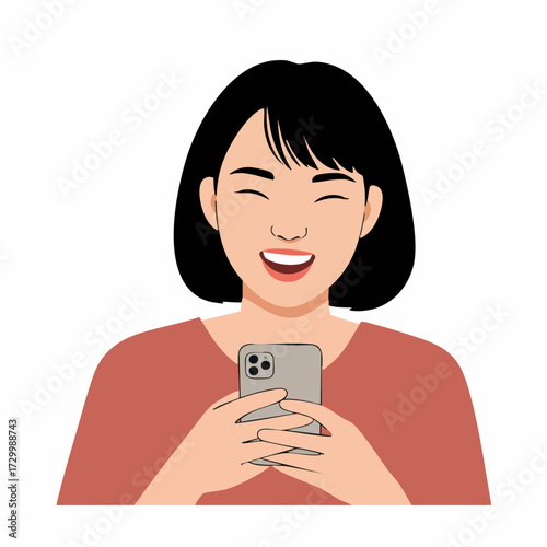 Modern Cartoon Smiling Woman Holding Smartphone Lifestyle Communication Illustration
