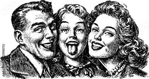 Vintage illustration of cheerful people with happy expressions. Retro design in black and white style showcasing friendship in a playful vector set.