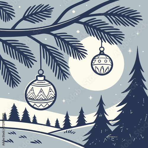 Christmas night scene with ornaments hanging on a branch in front of a full moon in the forest