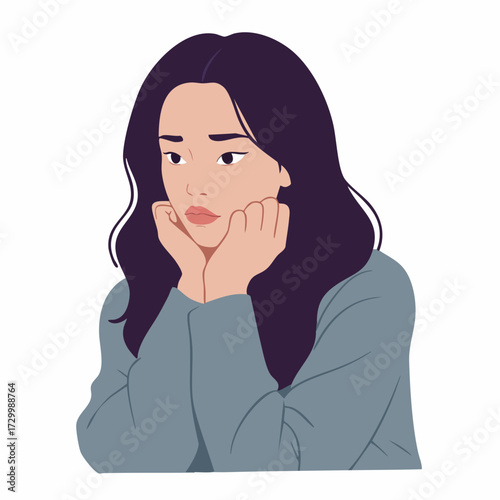 Minimalist Illustration of Thoughtful Young Woman Character with Long Dark Hair