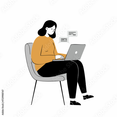 Modern Flat Design Woman Working on Laptop Sitting on Chair Illustration