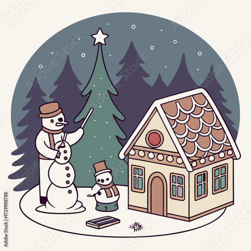 Charming christmas illustration of a snowman family building a friend next to a festive gingerbread house in a winter forest