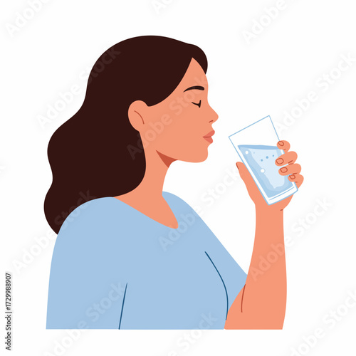 Flat Illustration Woman Drinking Water From Glass for Hydration Concept