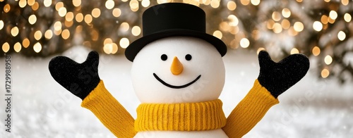 A Festive Snowman Standing in the Middle of a Snowy Pine Forest Surrounded by Sparkling Christmas Lights