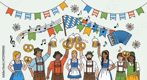 Illustration of people celebrating Oktoberfest with beer, pretzels, Bavarian flag, accordion, music notes, and colorful pennant banners.