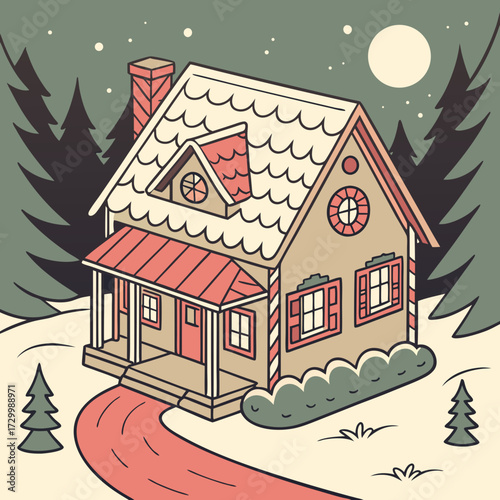 Cozy Gingerbread House in a Winter Wonderland Scene A Festive Illustration with a Path